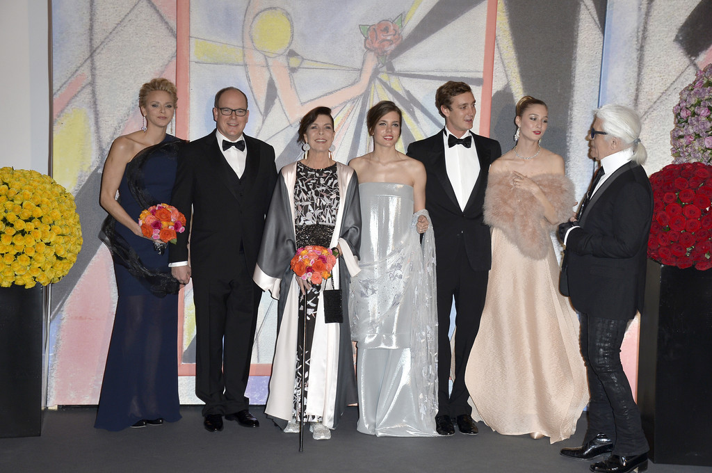 Princess Charlene, Prince Albert, Charlotte Casiraghi, Pierre Casiraghi, Beatrice Borromeo and Karl Lagerfeld at the 2014 Rose Ball