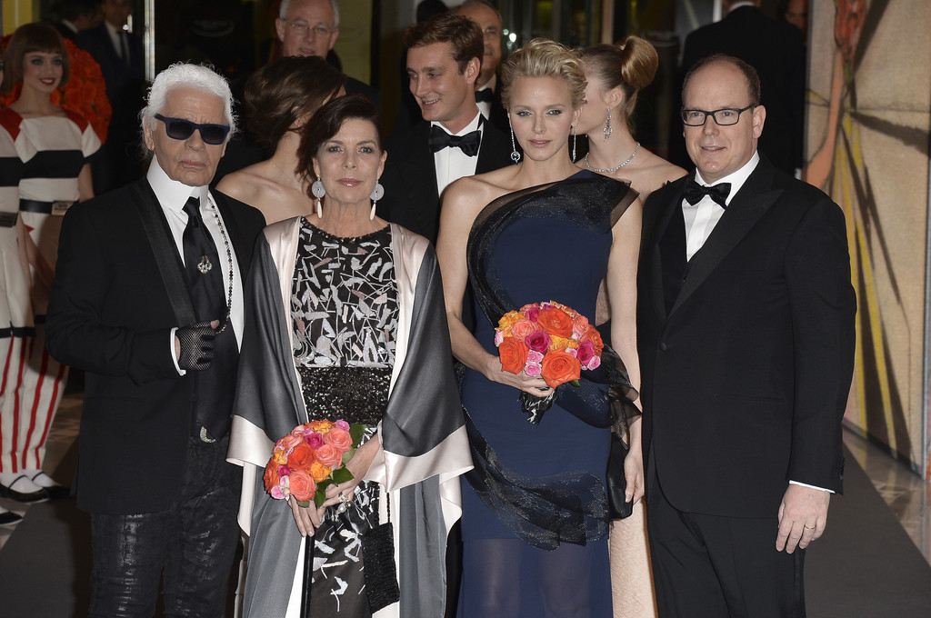 Karl Lagerfeld with Princess Charlene, Princess Caroline, and Prince Albert at the 2014 Rose Ball