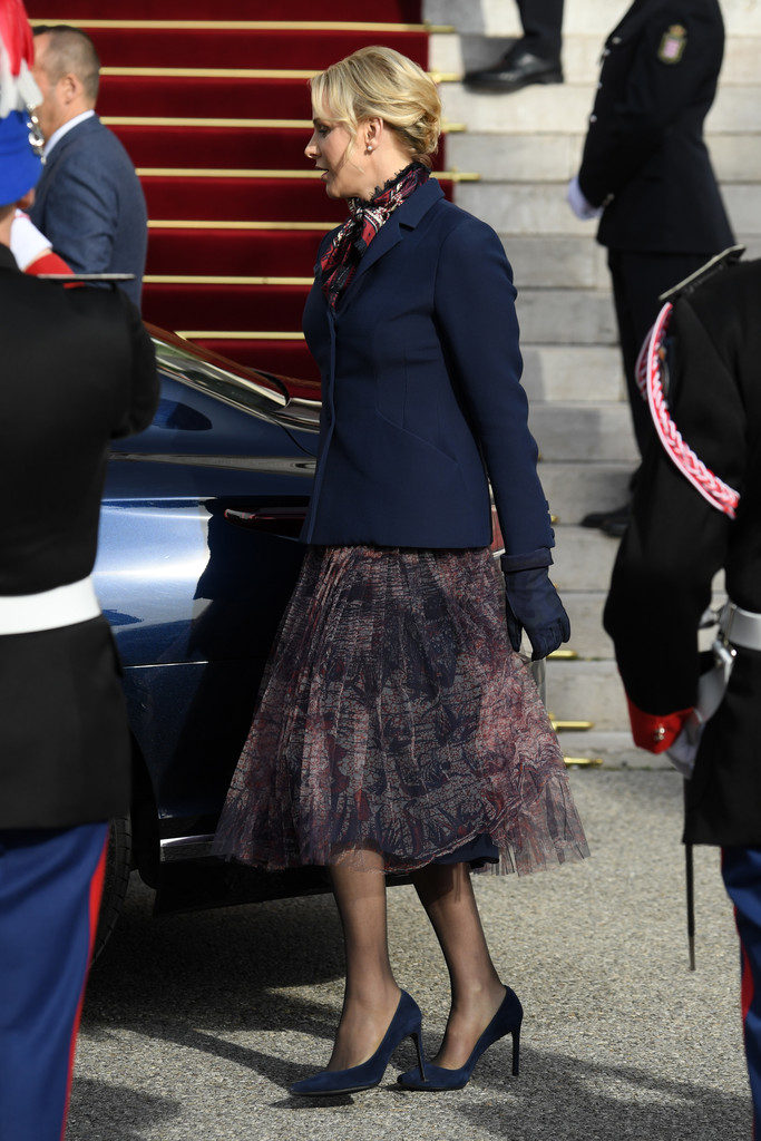 Princess Charlene of Monaco leaves at a mass during the Sainte Devote Ceremony. Sainte devote