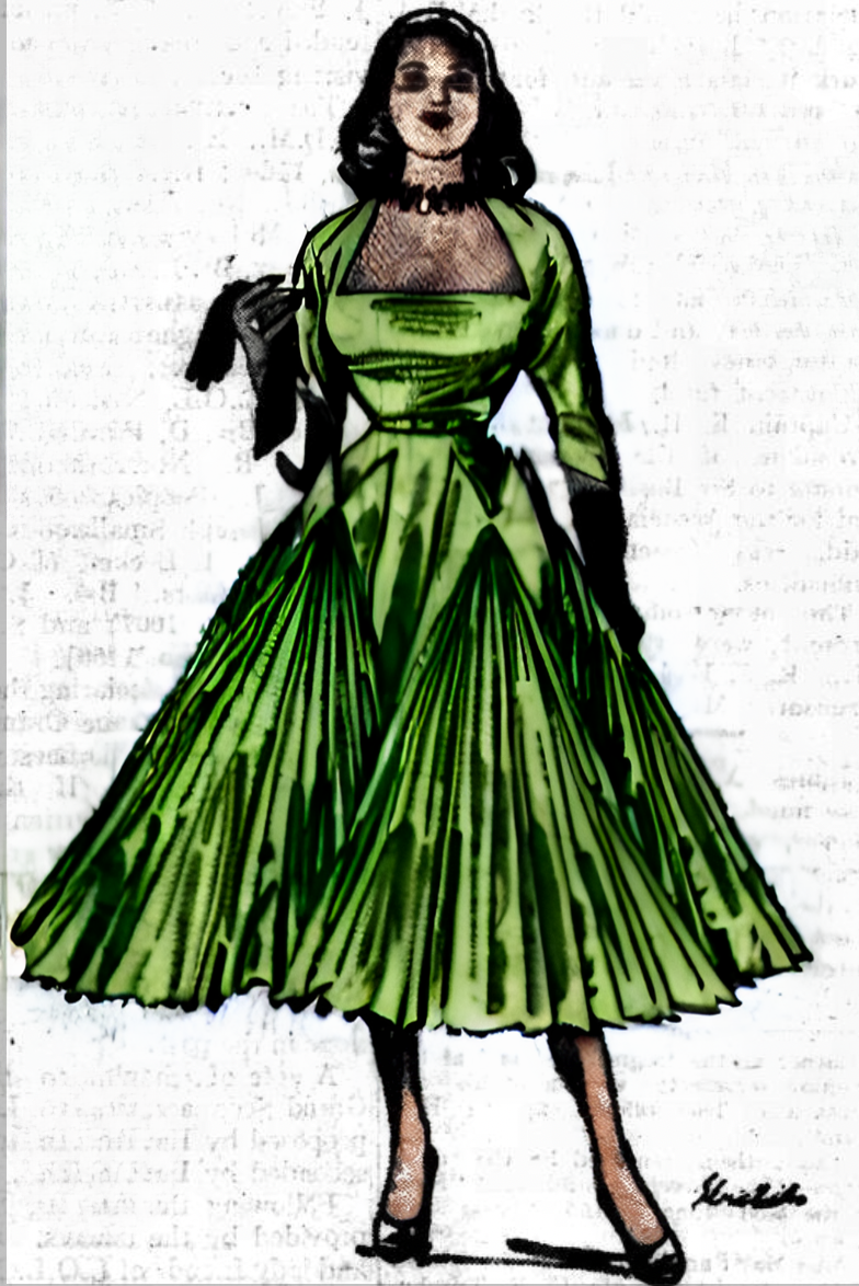 A sketch of a green dress for Queen Narriman designed by Germaine Lecomte, 1951. Original illustrator signature visible. Coloured and configured by The Royal Couturier.